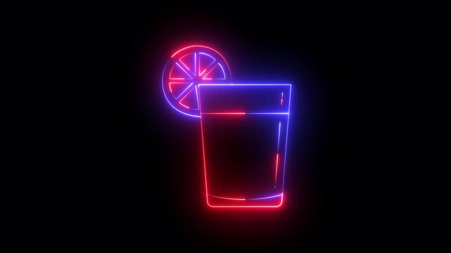 Glowing neon Tequila glass with lemon icon isolated on black background. outline of a refreshing drink with lemon slice. neon glass with lemon slice icon. 4k video animation.