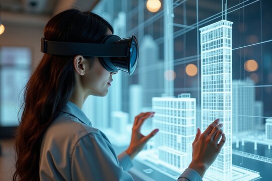 Asian Female Architect or Engineer Designing 3D Concrete Building Model with VR Headset - Powered by Adobe