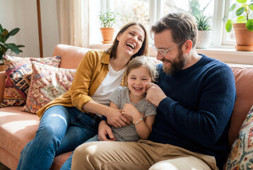 Smiling parents and child enjoying playful time on the couch in a bright living room filled with natural light and plants.