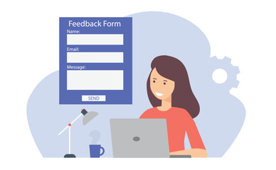 Feedback page concept. Woman giving review and filling webpage form with client experience