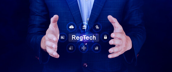 Regtech, Regulatory technology concept, management of regulatory processes with financial industry through technology, Regulatory monitoring, reporting and compliance, Machine learning tech.