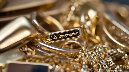 A golden "Job Description" band surrounded by golden jewelry represents clarity and definition in career roles, against a shiny, luxurious backdrop of opportunity.