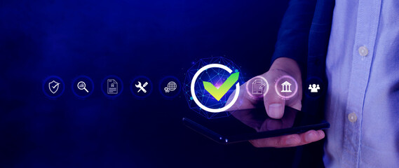 Service Quality assurance management, guarantee check mark for business automation process, Service guarantee, clients service certification, online shopping, financial ecosystem.