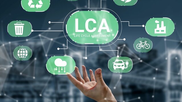 Hand Reaching Out to Icons Representing Life Cycle Assessment and Environmental Sustainability Concepts in a Modern Digital Interface Gluon. - Powered by Adobe