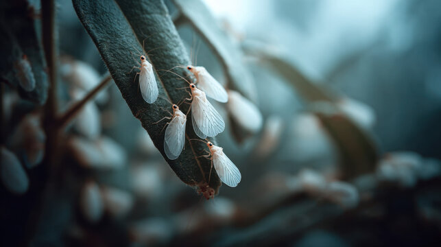 Macro photo of whiteflies clustering under plant leaves, showing agricultural pest infestation and crop damage in a natural green environment