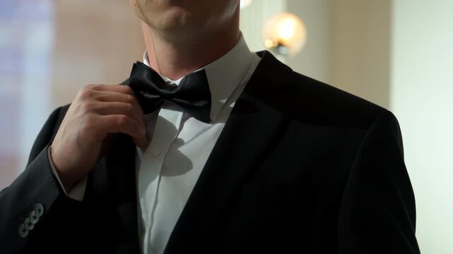 Groom adjusting his bow tie while getting ready for the wedding, capturing an elegant and intimate preparation moment. Front view