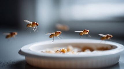 Flying fruit flies swarming above leftover food in a shallow dish, macro view highlighting pest infestation, food contamination and sanitation issues in indoor spaces