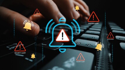 Warning Signals for Cybersecurity Threats Represented by Alert Icons with Hands on a Keyboard and Digital Background for Technology and Safety Concepts Gluon.