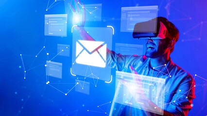 A person enthusiastically engages with virtual reality technology, surrounded by digital interfaces and email symbols, in a vibrant blue setting. Raster