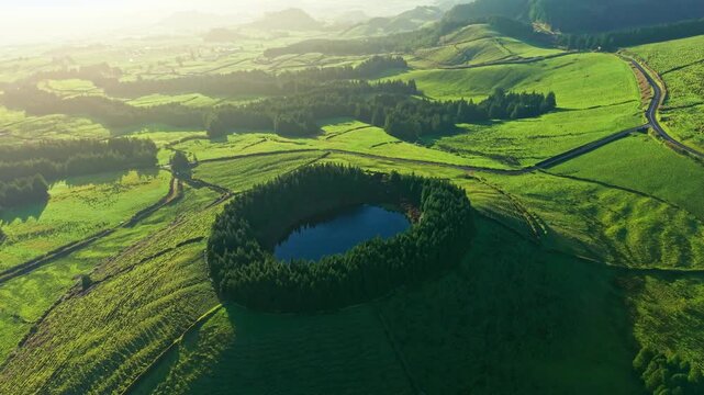 Aerial View of Lagoa de Pau Pique Volcano Lake in Sao Miguel