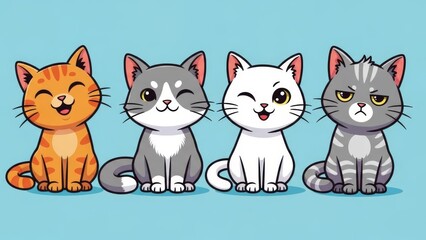 Obraz premium Four Cute Cartoon Cats Sitting Side by Side Keywords: cat, kitten, cute, cartoon, animal, pet