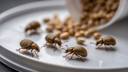 Macro shot of grain weevils on white tray with spilled wheat seeds showing stored food pests, agricultural infestation, and detailed insect behavior