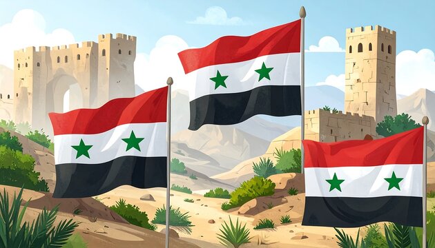 Syrian flags amidst desert castles