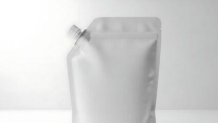 Closeup of a white pouch with a spout and cap