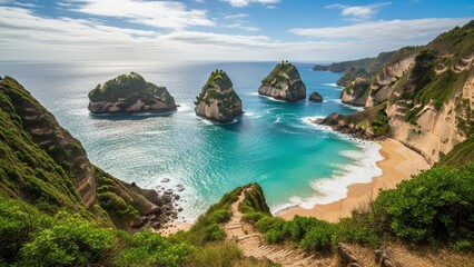 Obraz premium Idyllic Tropical Beach Cove with Turquoise Water and Cliffs
