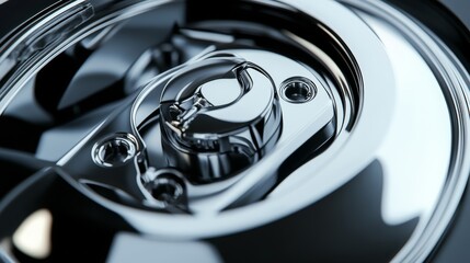 Close-up of a shiny steering wheel with reflections and highlights.