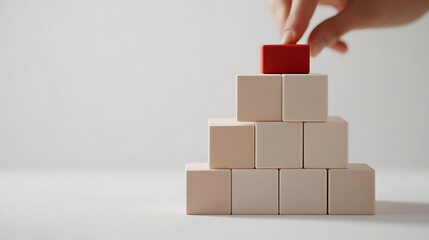 Achieving goals one step at a time, with a red block placed atop a pyramid of neutral-toned blocks, symbolizing leadership and success. This represents a strategic advantage.