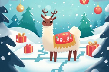 Naklejka premium A cheerful llama stands amidst a snowy landscape with Christmas decorations and gifts.