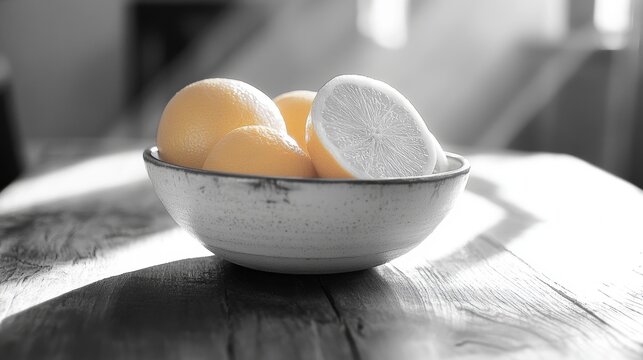 The warmth of summer sun and the fresh zest of citrus oranges captured in a simple white bowl.