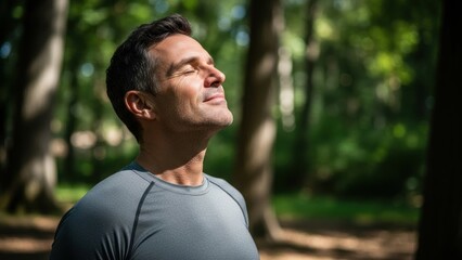 Man enjoying fresh air and sunlight in nature, with eyes closed and happy expression. Relaxation and wellness concept for outdoor activities.