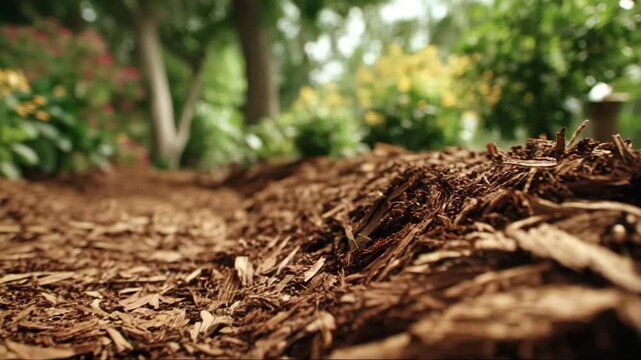 Mulch spread on garden pathway surrounded by greenery and flowers  