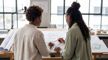 Black female architects working on a blueprint, collaborating on design project at a drafting table