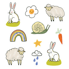 Funny animals and objects illustrations: rabbit, rainbow, snail, sheep, star, rain, flower, carrot. For kids vector hand drawn set.