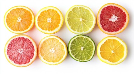 Fototapeta premium A collection of colorful orange slices arranged in a row with a white background.