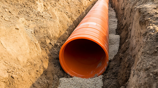 Laying a large diameter orange drainage pipe in a trench with granular backfill. Focus on construction, infrastructure, and utility work with dirt and industry detail.