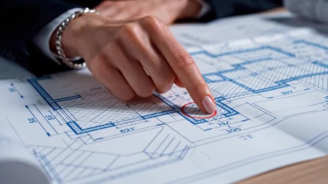 Architects Hand Pointing at Blueprint for New Home Construction Project.