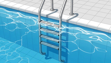 Pool ladder with clear blue water and safety tiles, clean vector look.