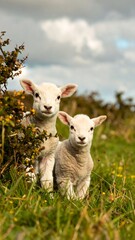 Two lambkins in grassy field