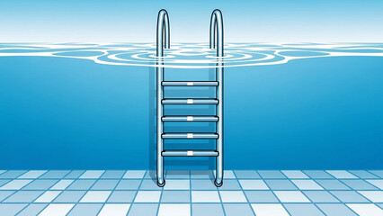 Pool ladder with clear blue water and safety tiles, clean vector look.