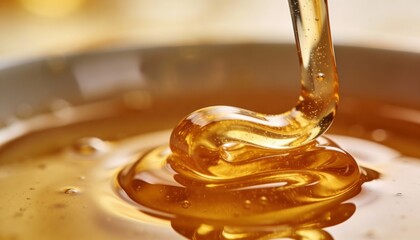 Golden honey and turmeric latte blend forms glossy patterns with warm light and creamy texture in a close-up view