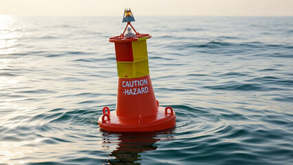 Floating warning buoy on gentle waves, bright visibility colors.