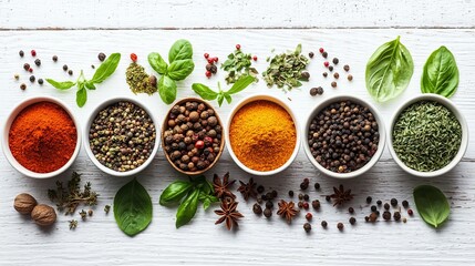 Flat lay of spices, herbs, showcasing culinary diversity and healthy living