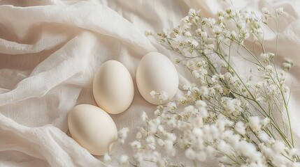 Minimalist spring decor with pastel eggs and fresh flowers on natural fabric in soft daylight