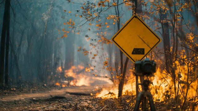 Forest fire with smoke and caution sign in burnt landscape  