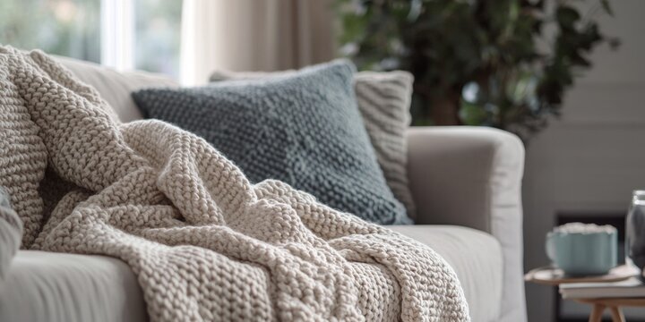 Cozy atmosphere in a modern living room featuring a comfortable couch adorned with warm blankets and decorative pillows.