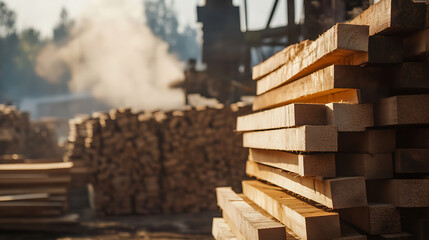 Stacked lumber at the mill, awaiting processing and shipment. Sunlight warms the wood. This image highlights the industry, material, texture, and construction work.