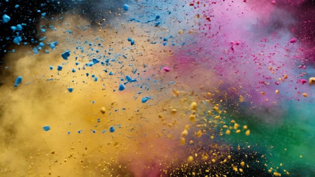 Super Slow Motion Explosion of Colorful Powder Creating a Vibrant Cloud on a Black Background