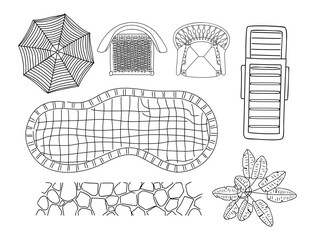 Minimalist black and white top view line art vector set of pool patio elements including umbrella loungers chairs plants and stone textures.