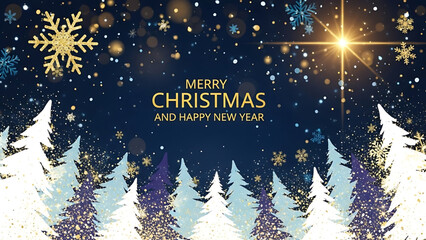Merry Christmas and New Year greeting card illustration featuring a blue winter night landscape with a vector tree, cold snow, and a festive holiday scene decorated with stars and snowflakes © STOCK_STUDIO