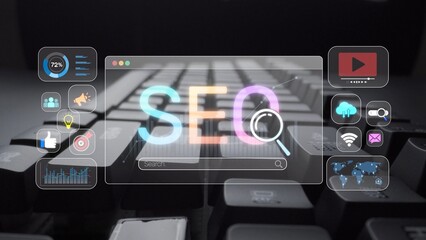 SEO concept for improving SEO visibility, with SEO related digital tools and SEO performance icons shown in an focused layout for strategic marketing. Muxer