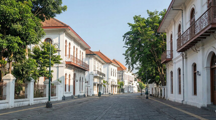 Fototapeta premium Street architecture of Yogyakarta with classic buildings, empty street, clean composition, daylight.