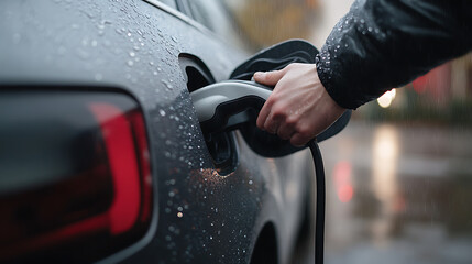 Charging an Electric Car on a Rainy Day: An individual connects an electric car to a charging station on a wet day, highlighting sustainable transportation and urban life.