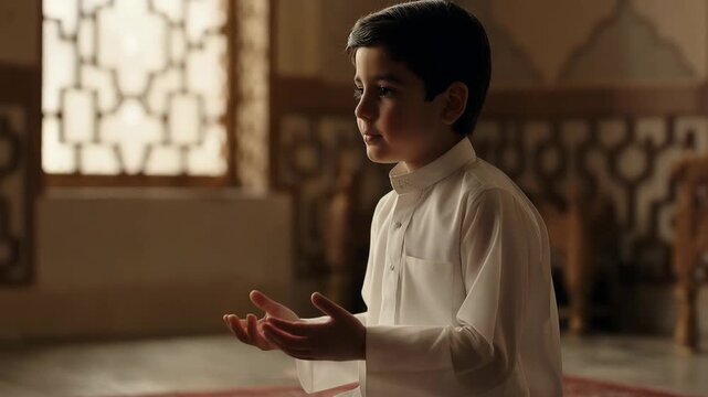 Young Muslim boy kneeling on a prayer rug making Dua inside a mosque. Child wearing a white thobe raising hands in supplication. Islamic faith, worship, and Ramadan concept