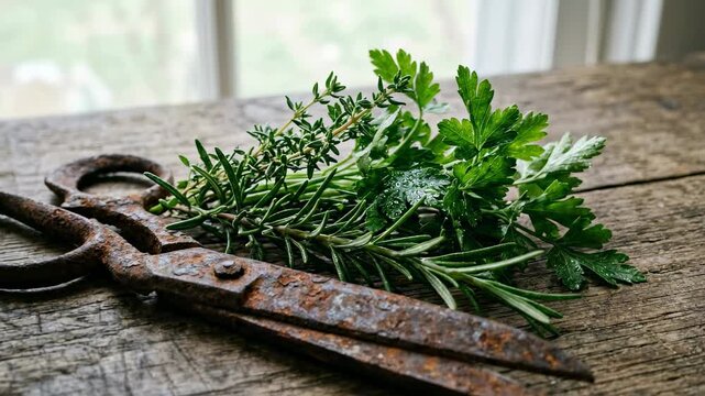 Fresh herbs rest next to rusty scissors on wooden table in well-lit kitchen environment. Natural setting with greenery visible through window. Concept of cooking, gardening, herb shops