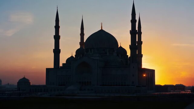 Silhouette of a grand mosque with minarets and domes at sunrise. Islamic architecture backlit by the sun in the morning. Ramadan and Eid concept