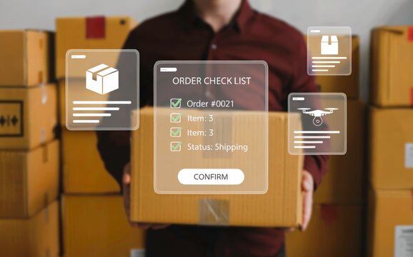 Delivery Person Carrying Cardboard Box with Digital Order Checklist Interface Overlay for E-commerce Concept - Powered by Adobe